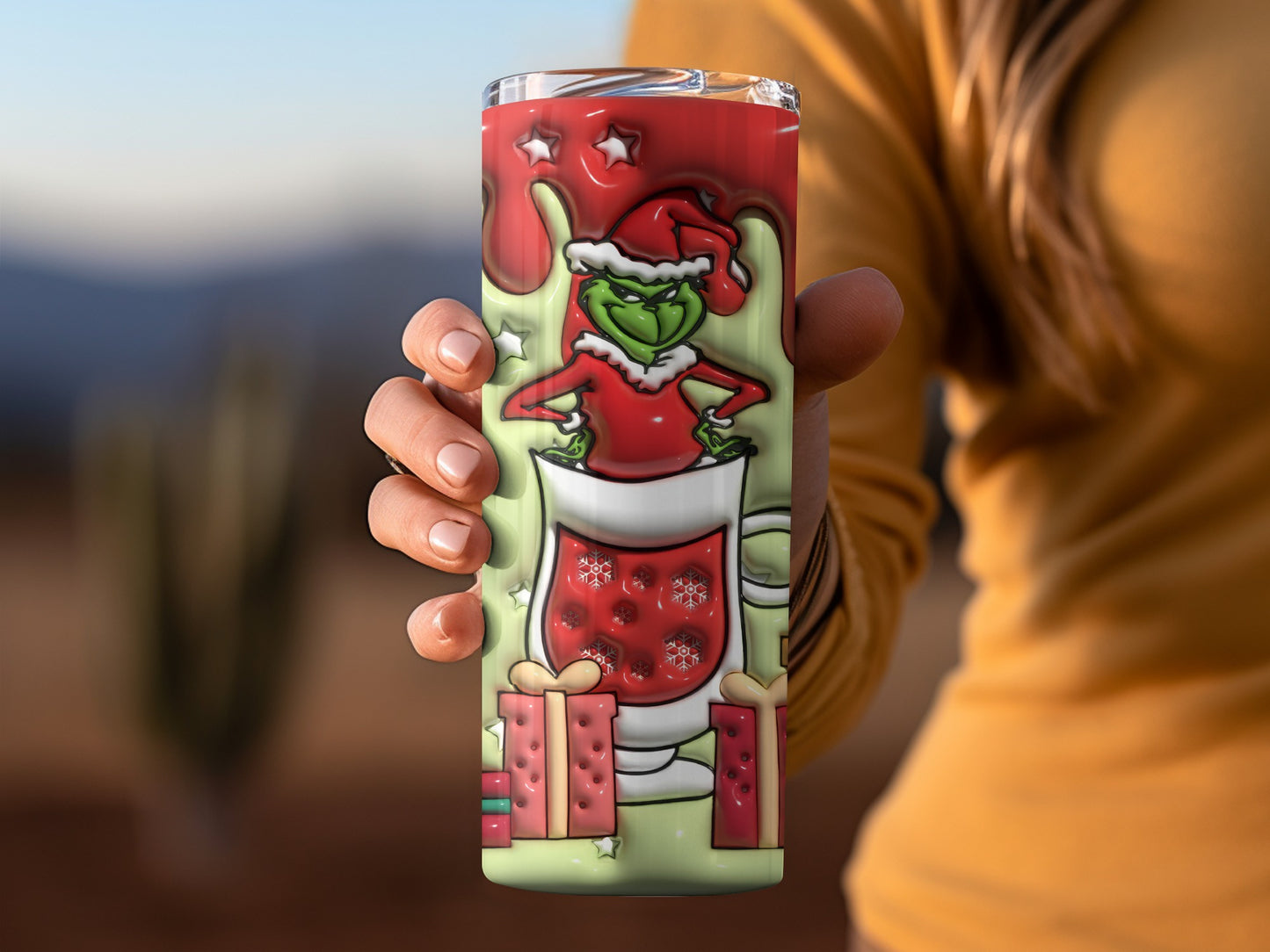 Grinch Santa Holding Stocking with Gifts Graphic Tumbler