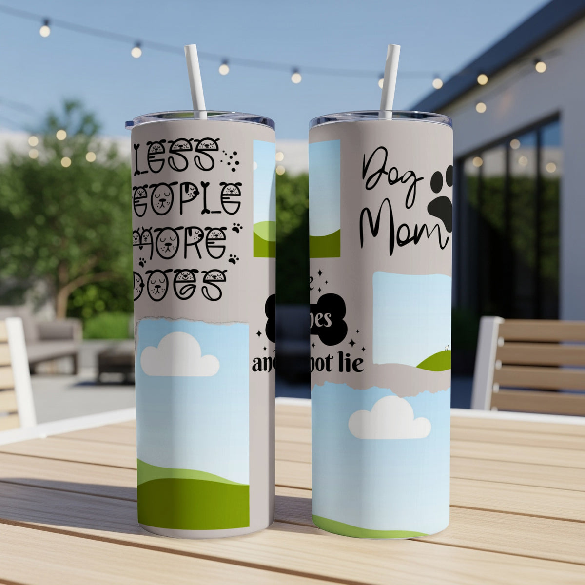 Two tumblers with "Dog Mom" and "Less people more dogs" text and cute dog faces.