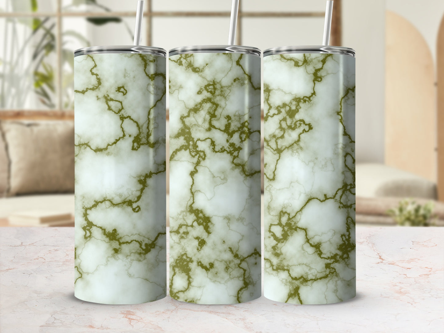 Three tumblers with a white and green marble pattern.