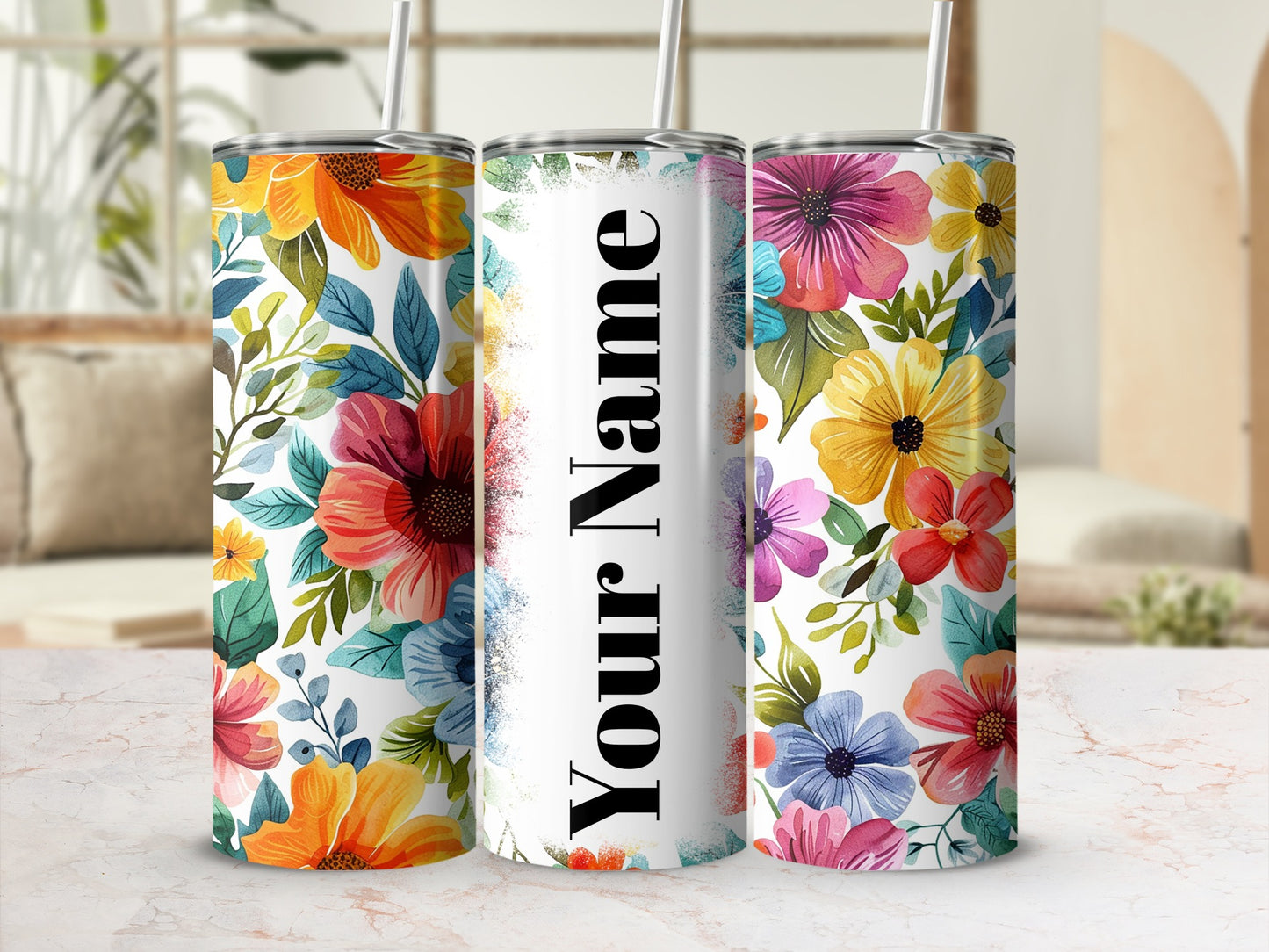 Personalized Colorful Floral Pattern Tumbler Cups