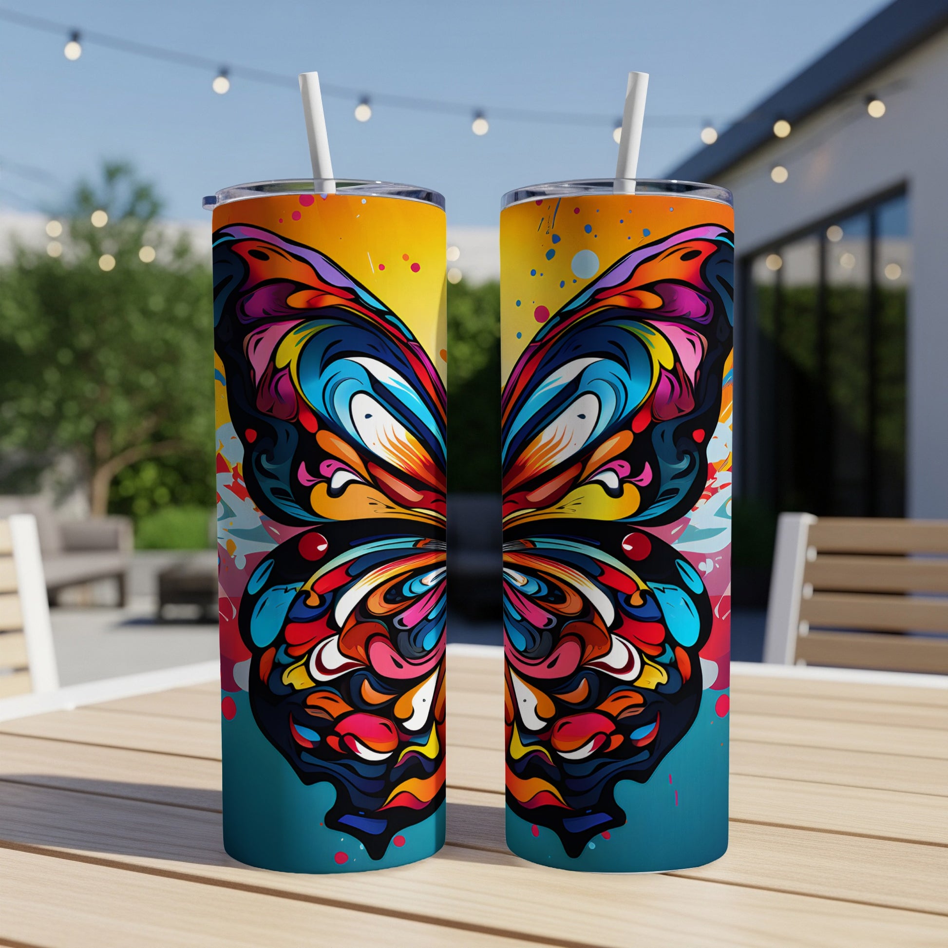 Two colorful butterfly patterned tumblers on a wooden table.