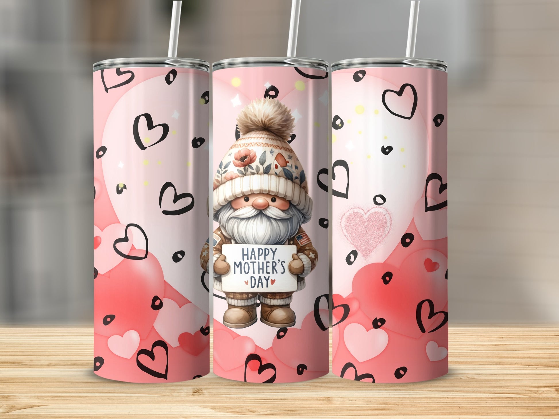 Happy Mother's Day Gnome Tumbler with Hearts Design