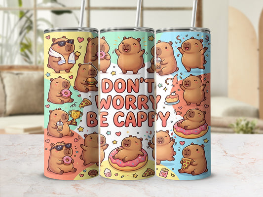 Capybara illustration with donuts, pizza, and text "DON'T WORRY BE HAPPY".