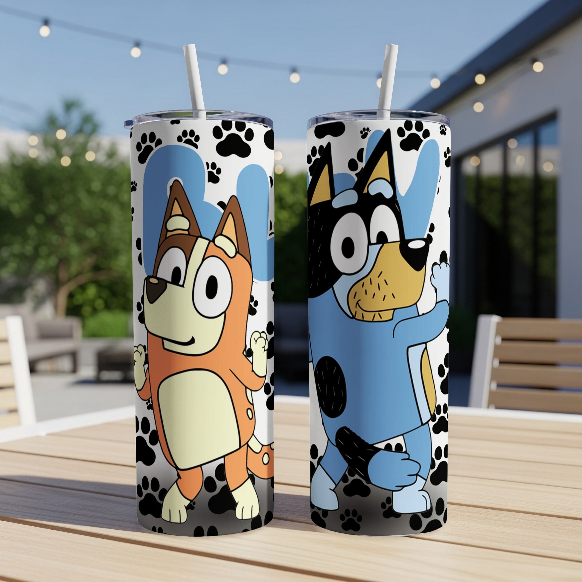 Two Bluey characters on a patterned tumbler with paw prints and large blue numbers.