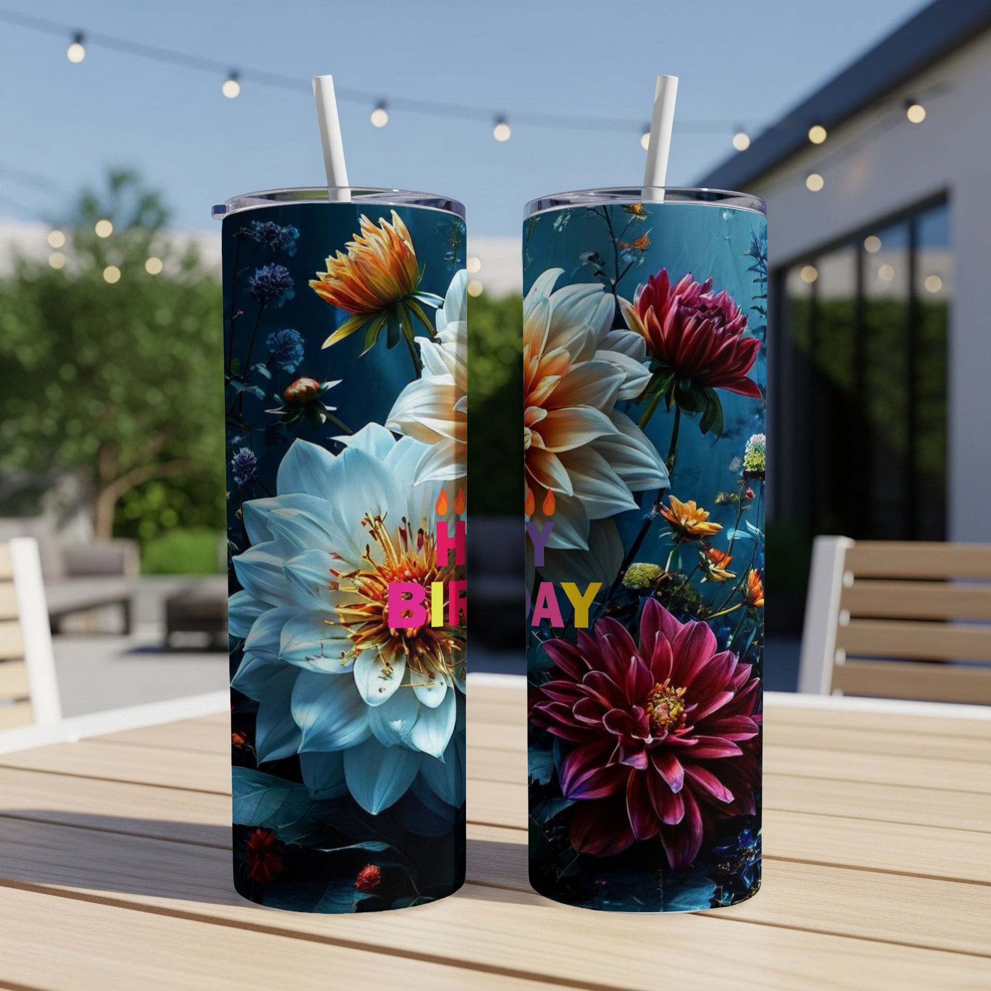 Two tumblers with vibrant floral designs and "Happy Birthday" text.