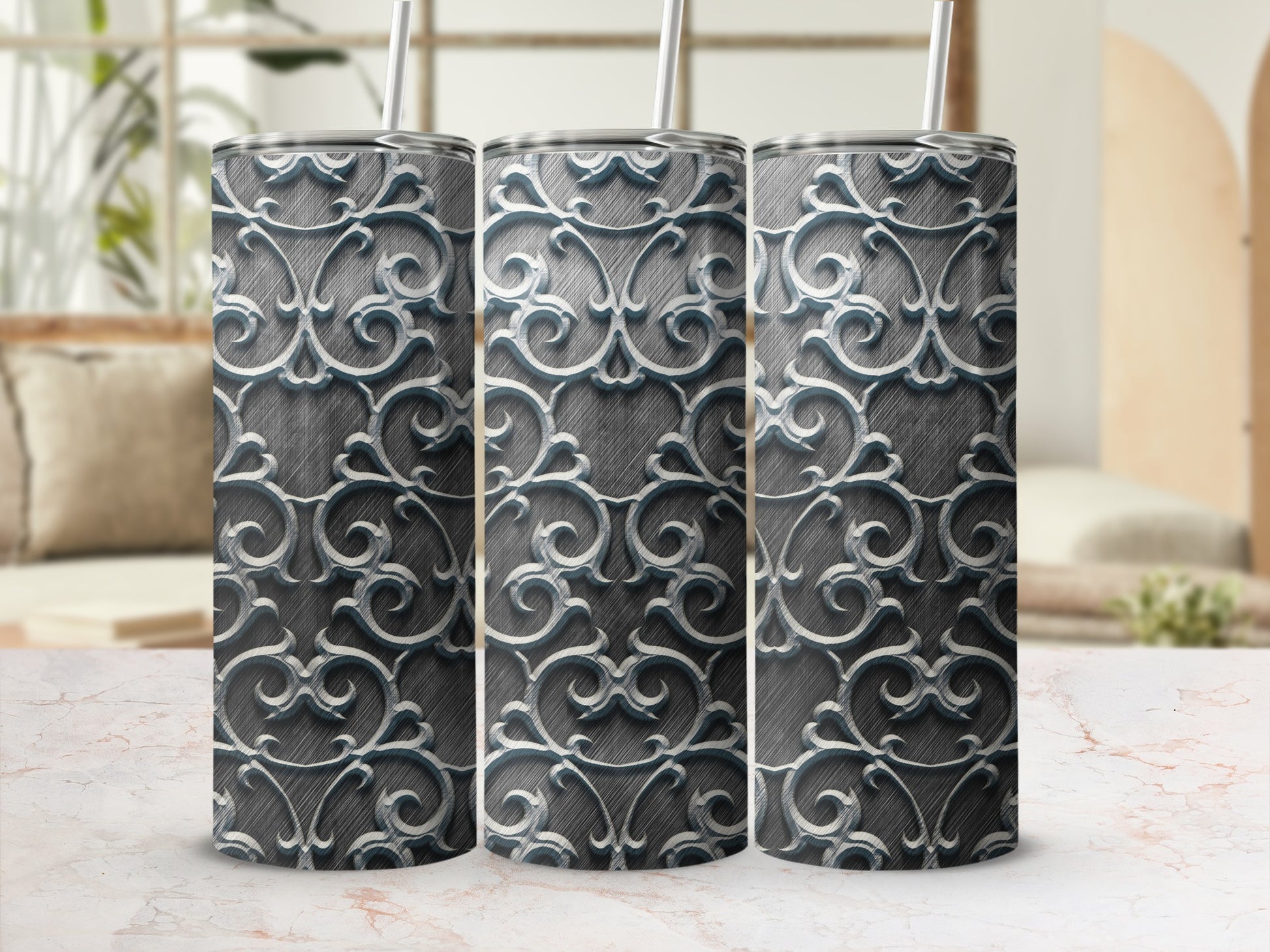 Elegant Silver Scrollwork Pattern Gray Tumbler product type