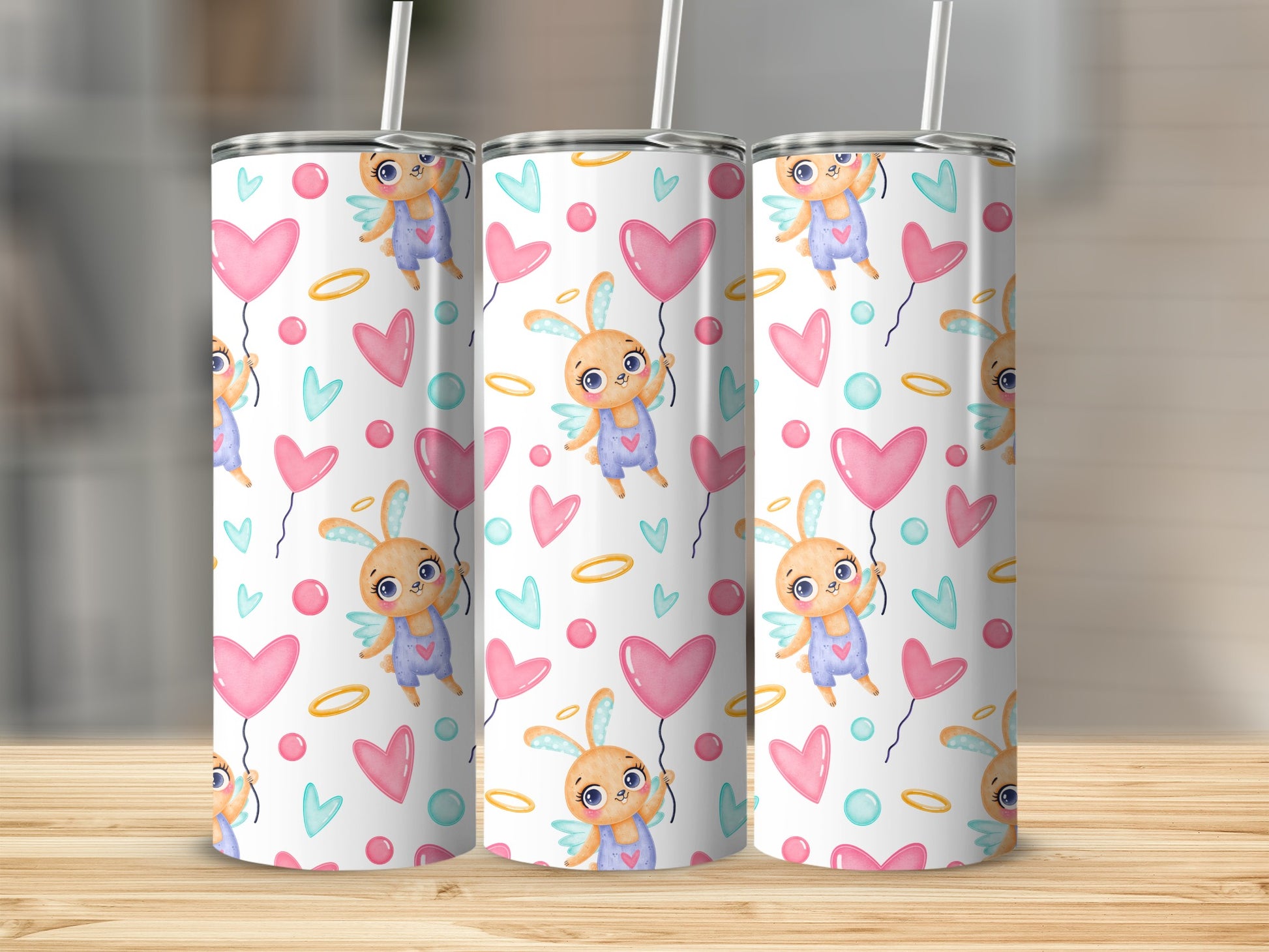 Colorful Balloon Hearts Bunny Print Tumblers