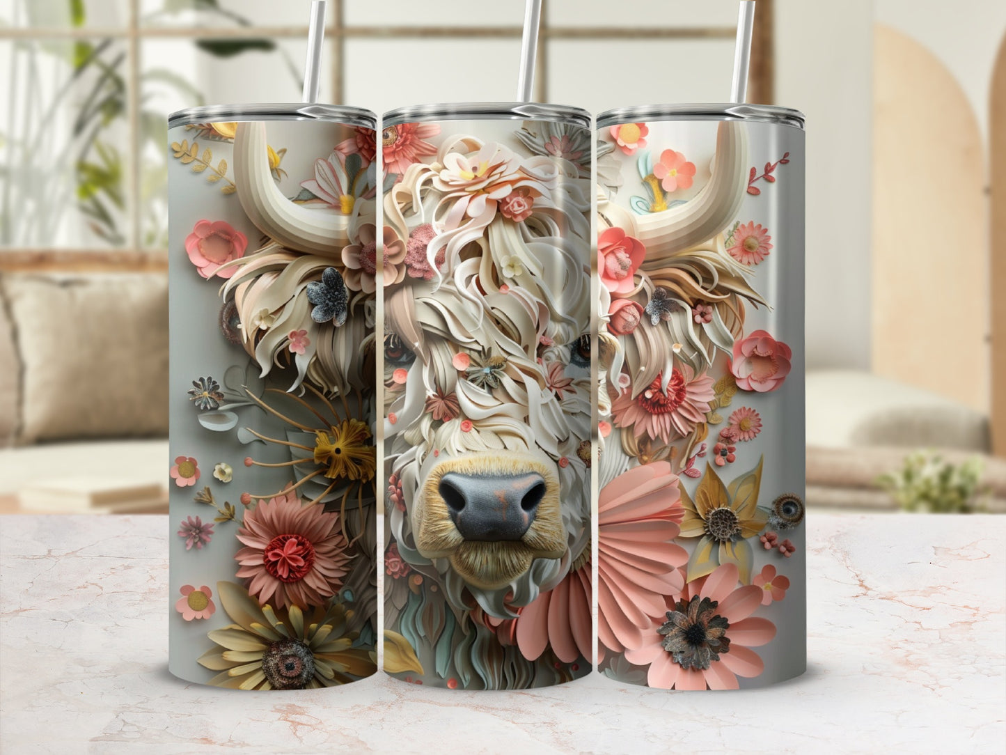 Tall tumbler with a highland cow face and floral accents.