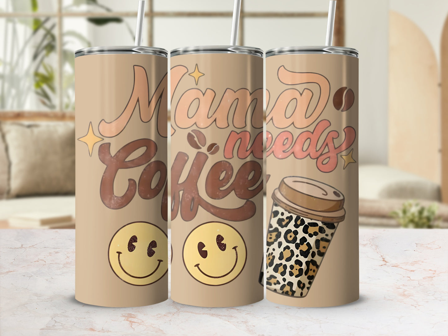Mama Needs Coffee Smiley Face Leopard Coffee Tumbler