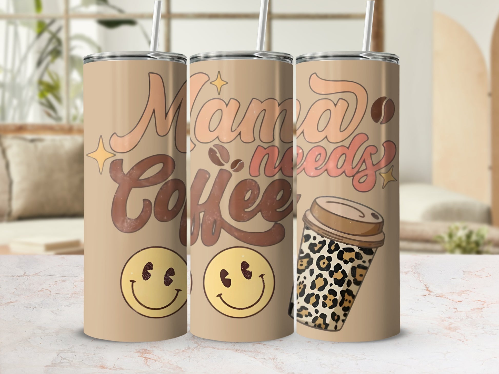 Mama Needs Coffee Smiley Face Leopard Coffee Tumbler