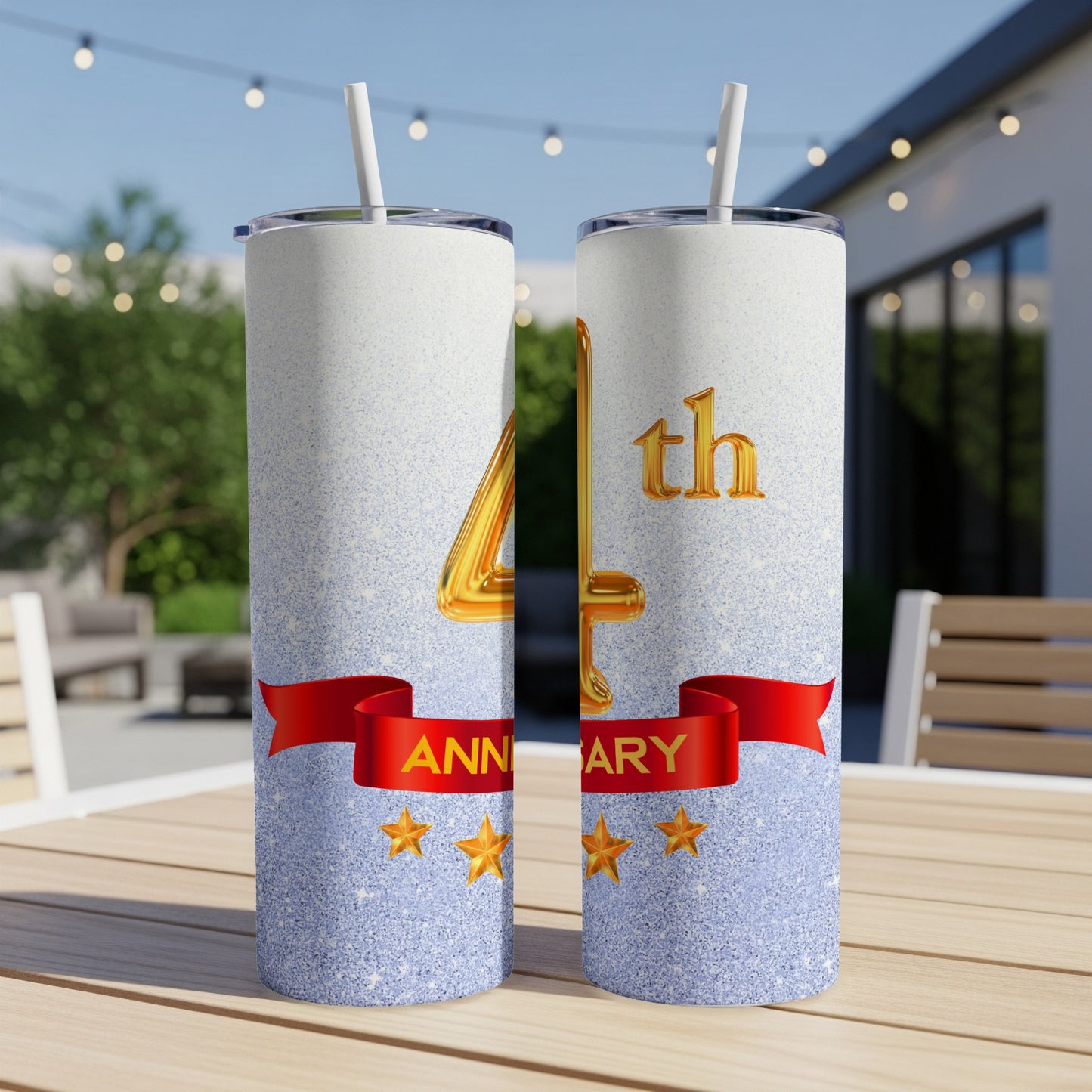Tall tumbler with "4th Anniversary" text and golden stars.