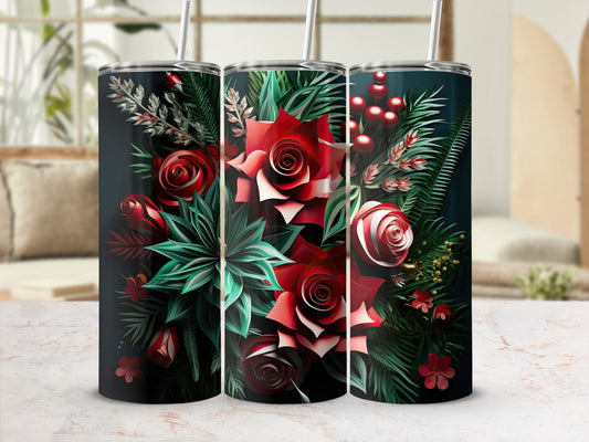Three tall tumblers with a red rose and green foliage design.