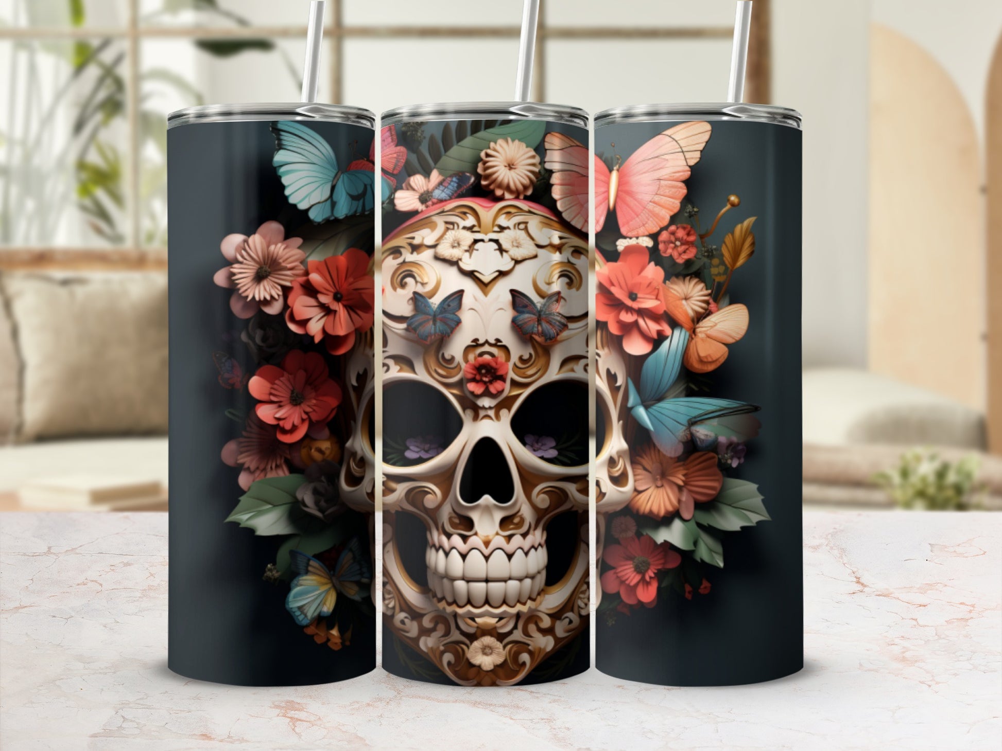 Floral Skull with Butterflies Tumbler Design