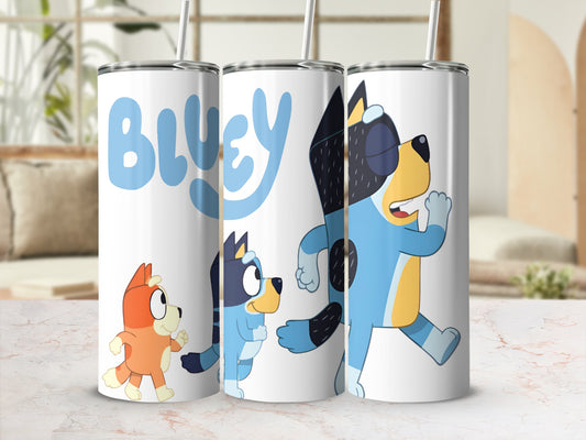 Bluey and Bingo characters on a white tumbler with straw.