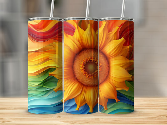 Three tumblers featuring a large sunflower on a colorful wavy background.