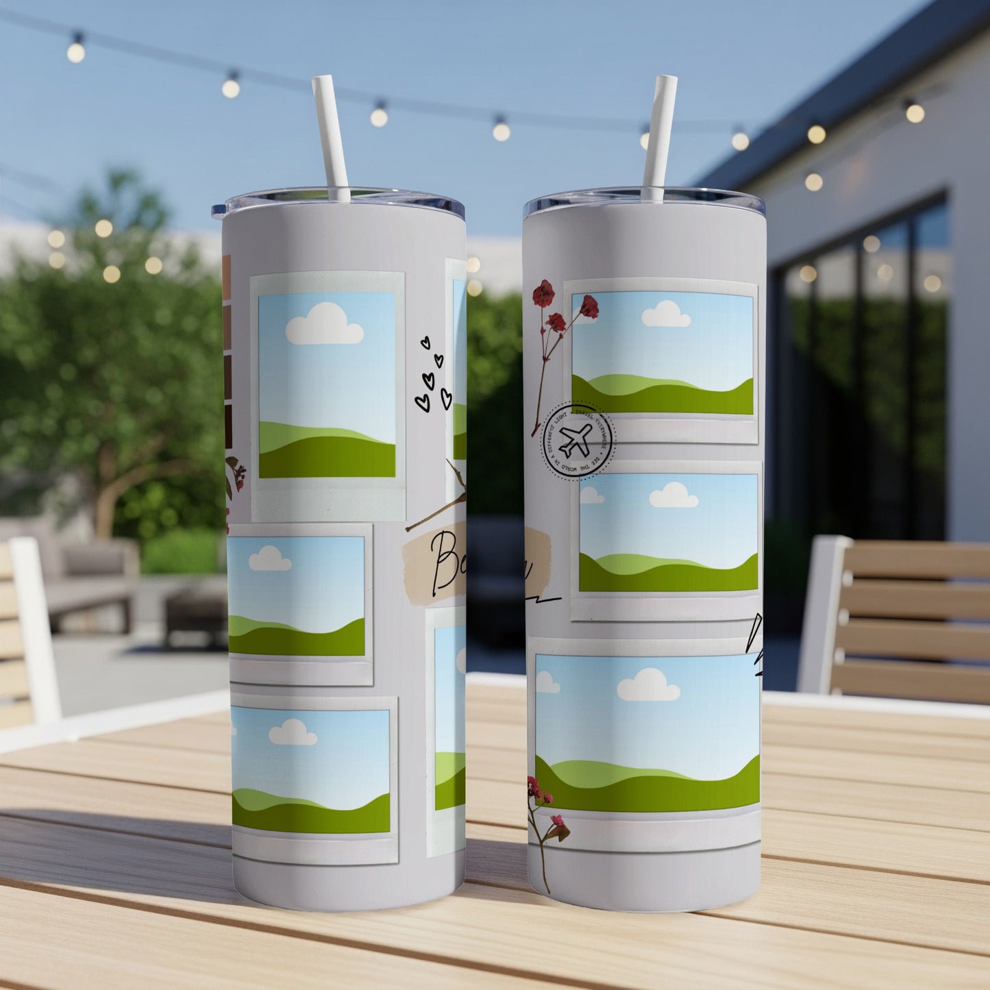 Two tumblers with photo collage designs featuring landscapes and travel stamps.