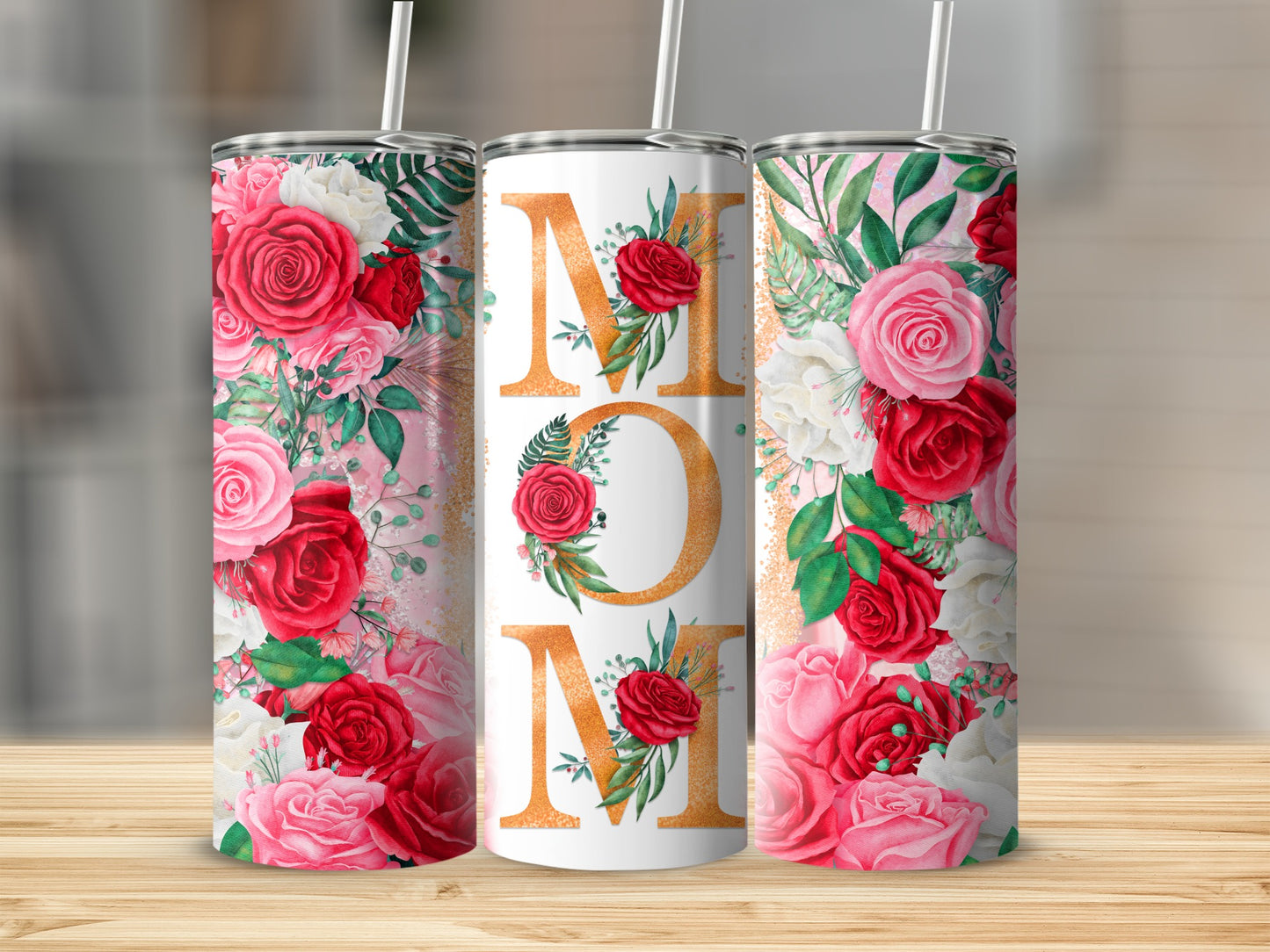 Floral tumbler with "MOM" text and cascading roses and greenery.