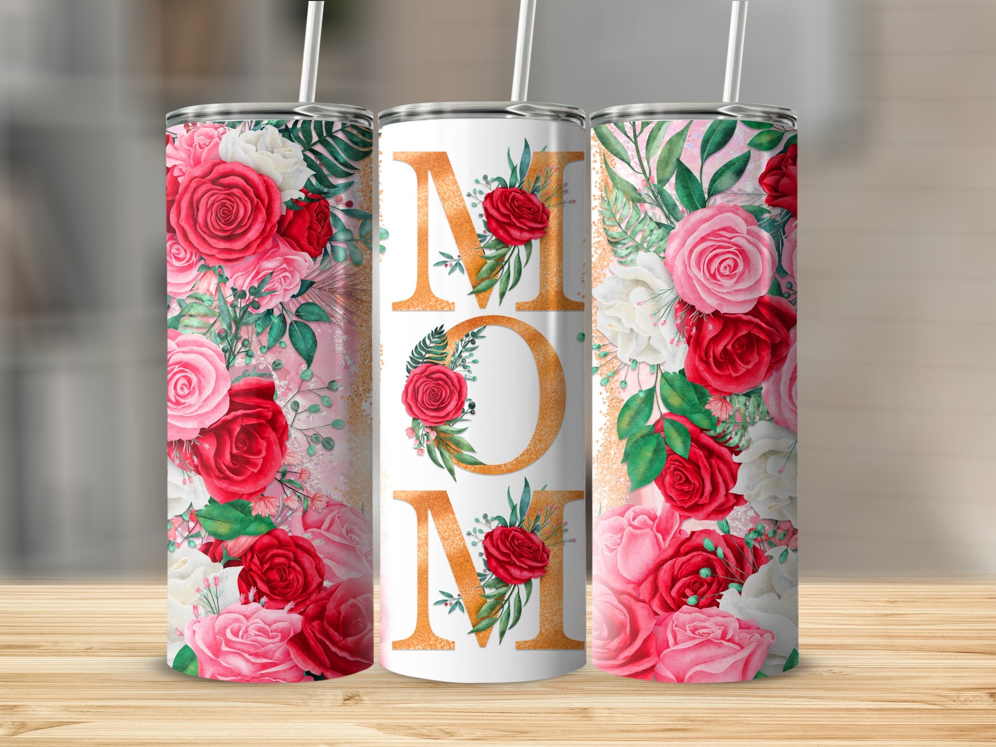 Floral tumbler with "MOM" text and cascading roses and greenery.