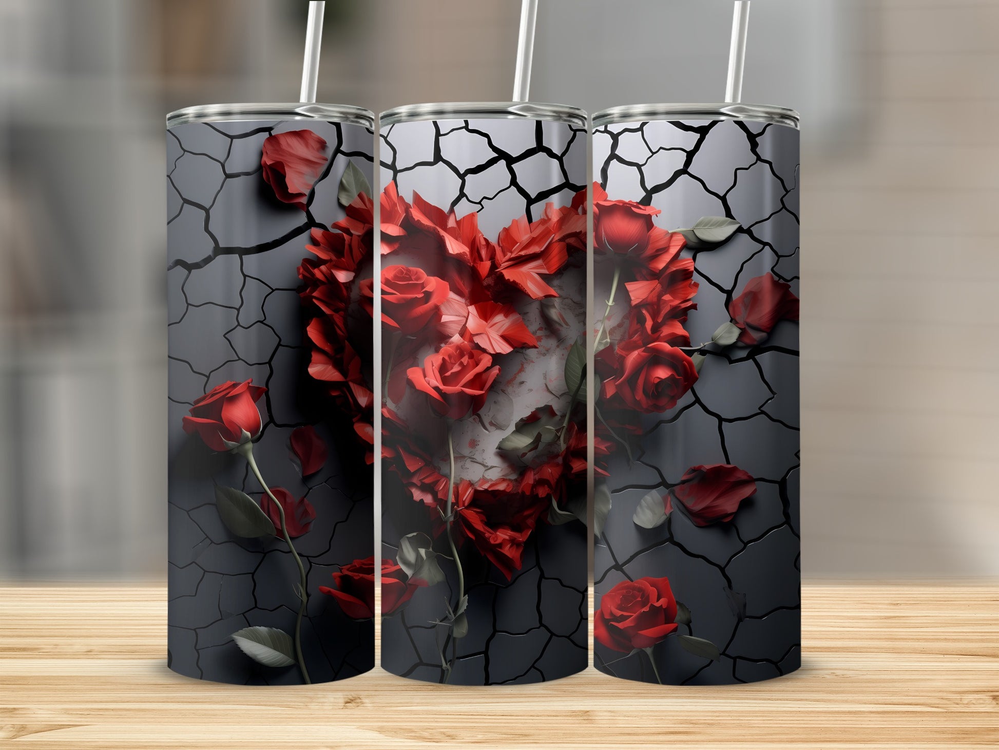 Cracked Earth Roses Heart Design Tumbler