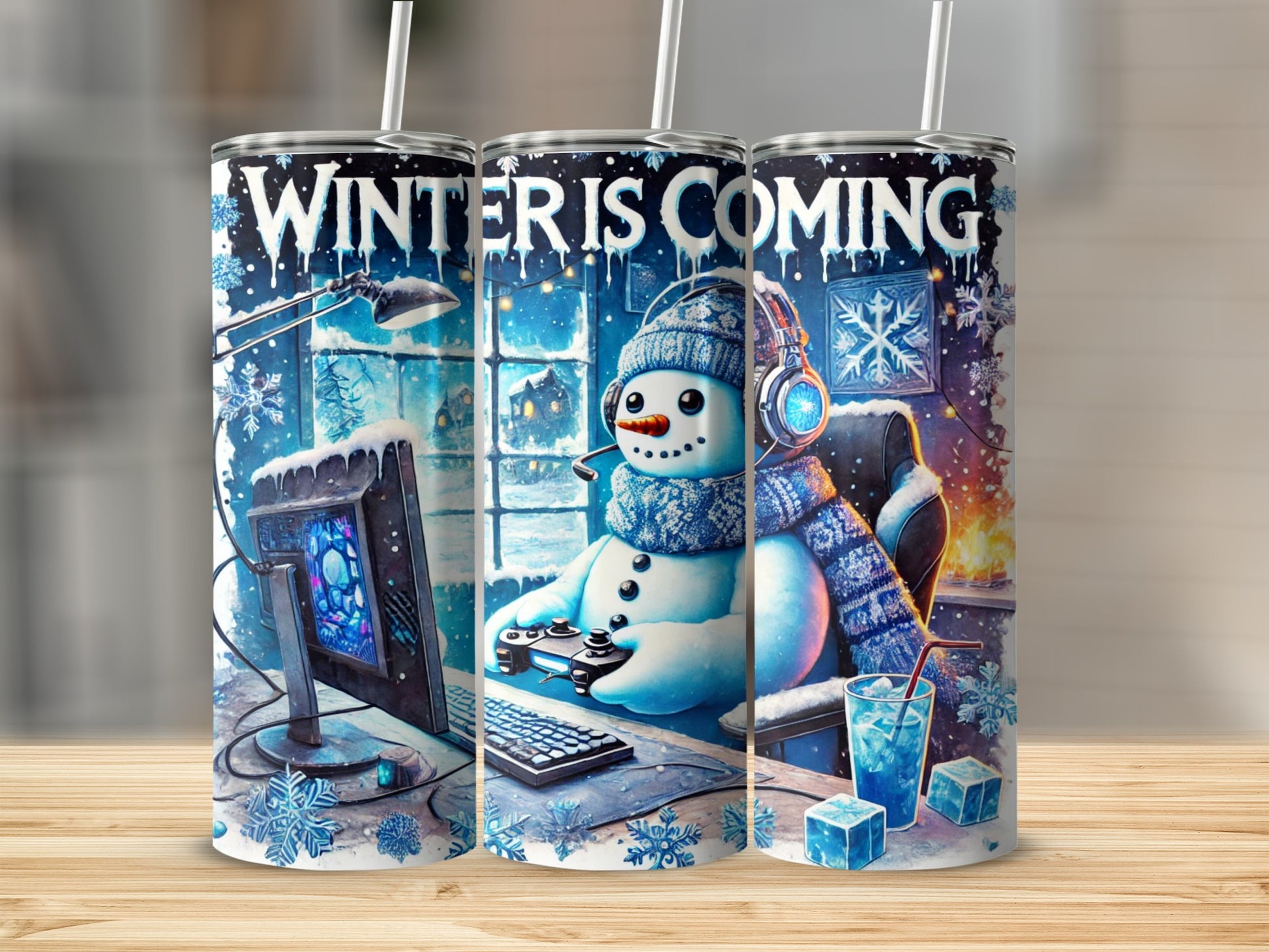 Snowman in headset plays video games in snowy room with "Winter is Coming" text.