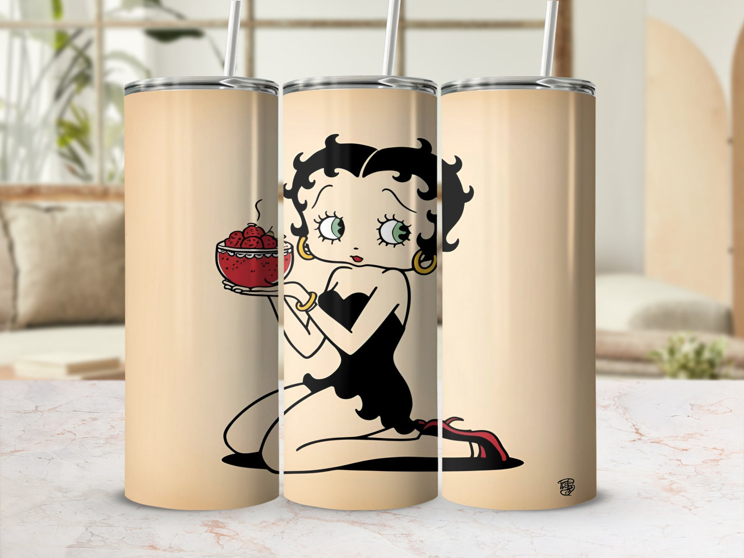 Betty Boop holding a bowl of strawberries on a beige tumbler.