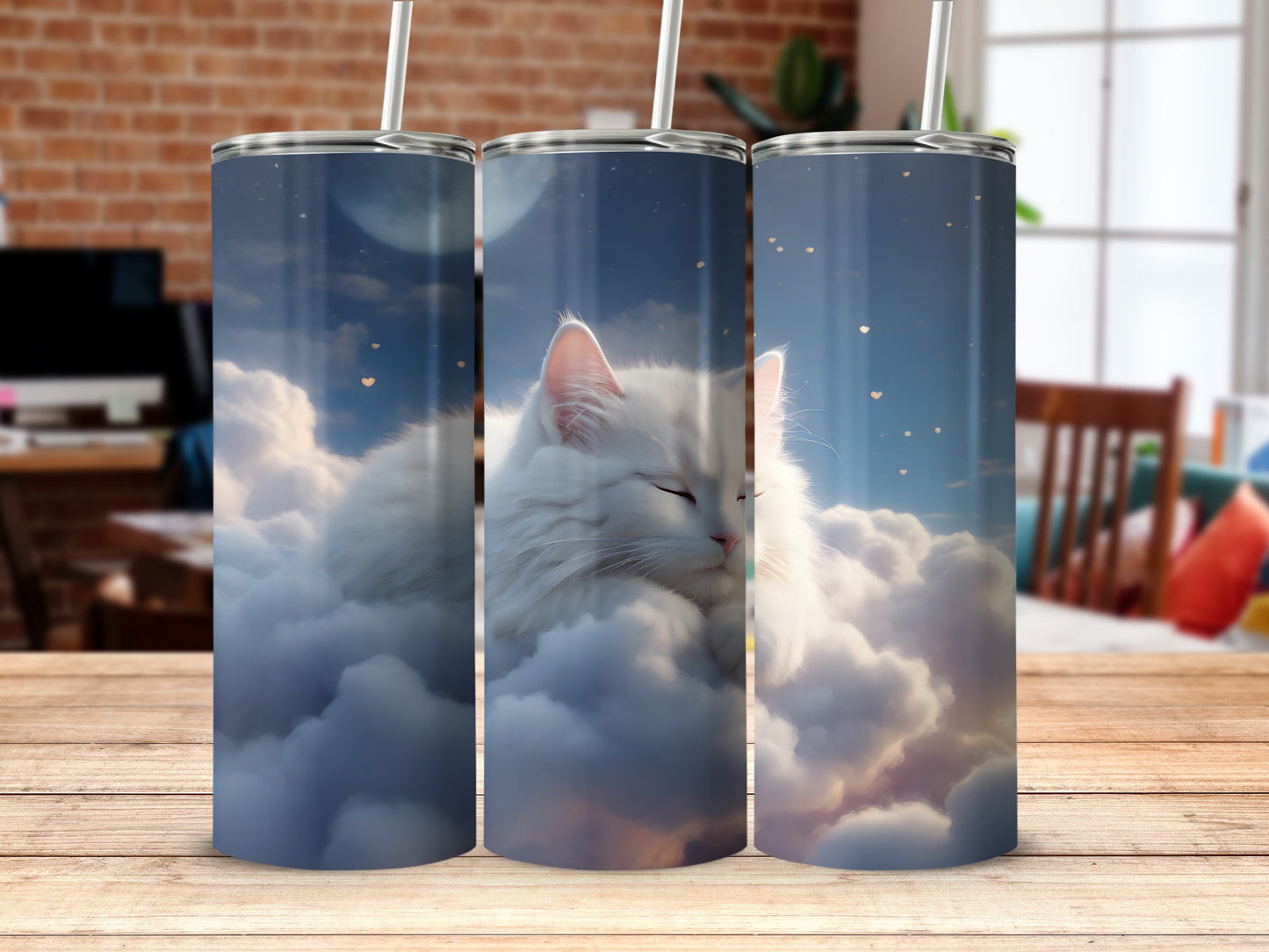 Dreamy White Cat Clouds Moon Golden Hearts Night Sky tumbler