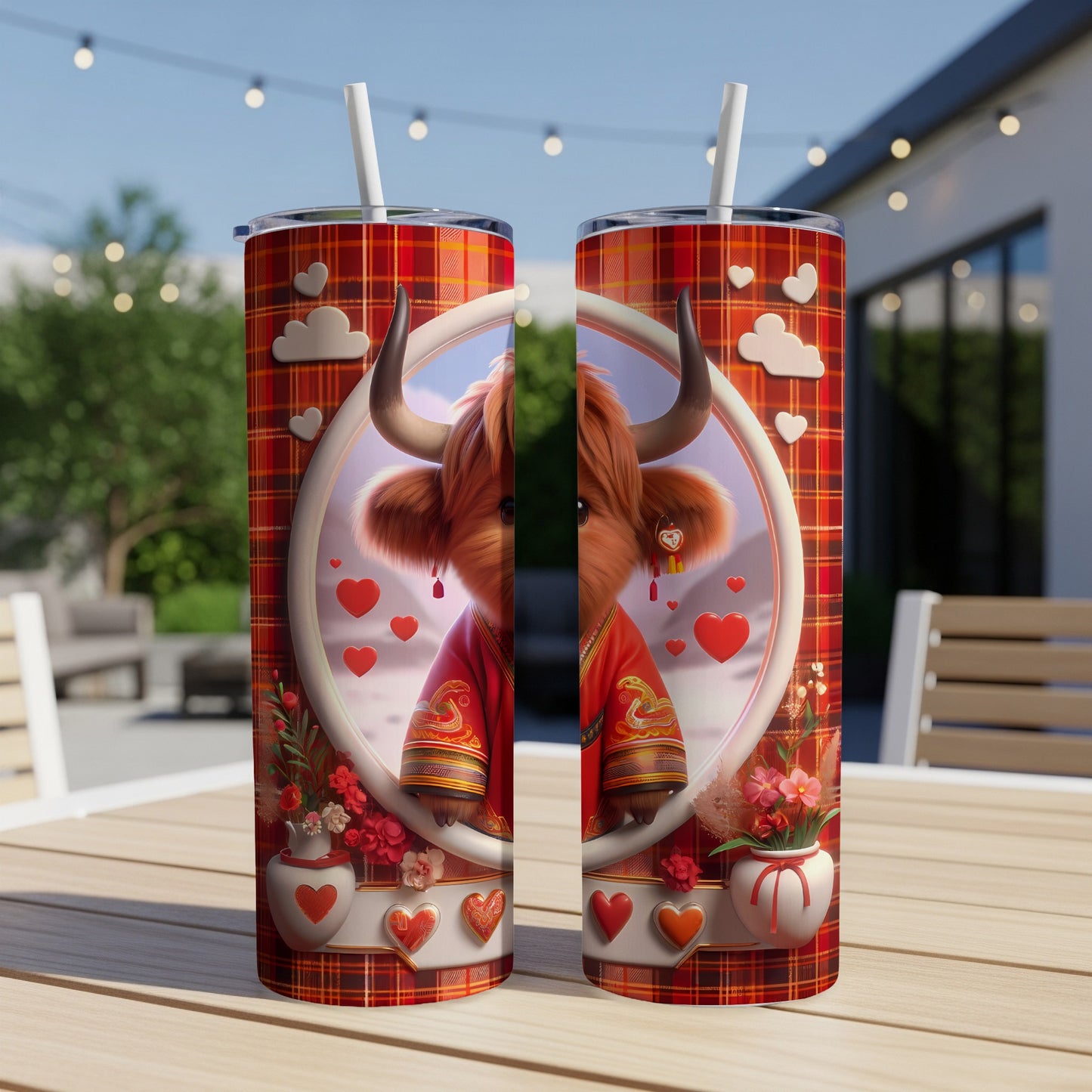 Two tumblers with a highland cow wearing a red robe and hearts pattern.