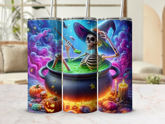 Skeleton witch stirring a cauldron with pumpkins, skulls, and glowing candles.