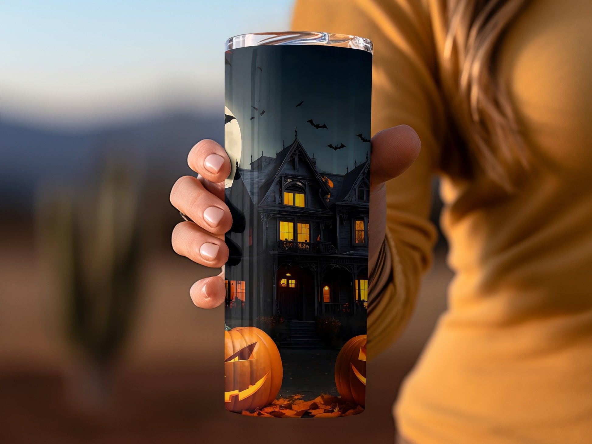 Haunted House Pumpkins Design Halloween Tumbler