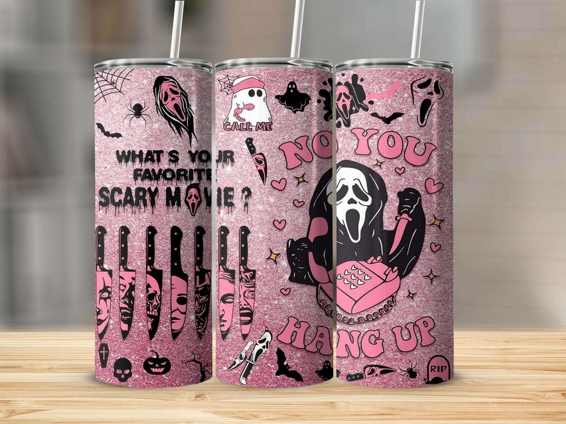 Pink glitter tumbler with horror movie icons and text "What's your favorite scary movie?".