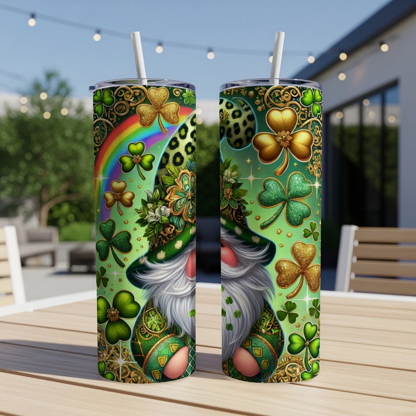 Green St. Patrick's Day tumbler with gnome, shamrocks, and rainbow.