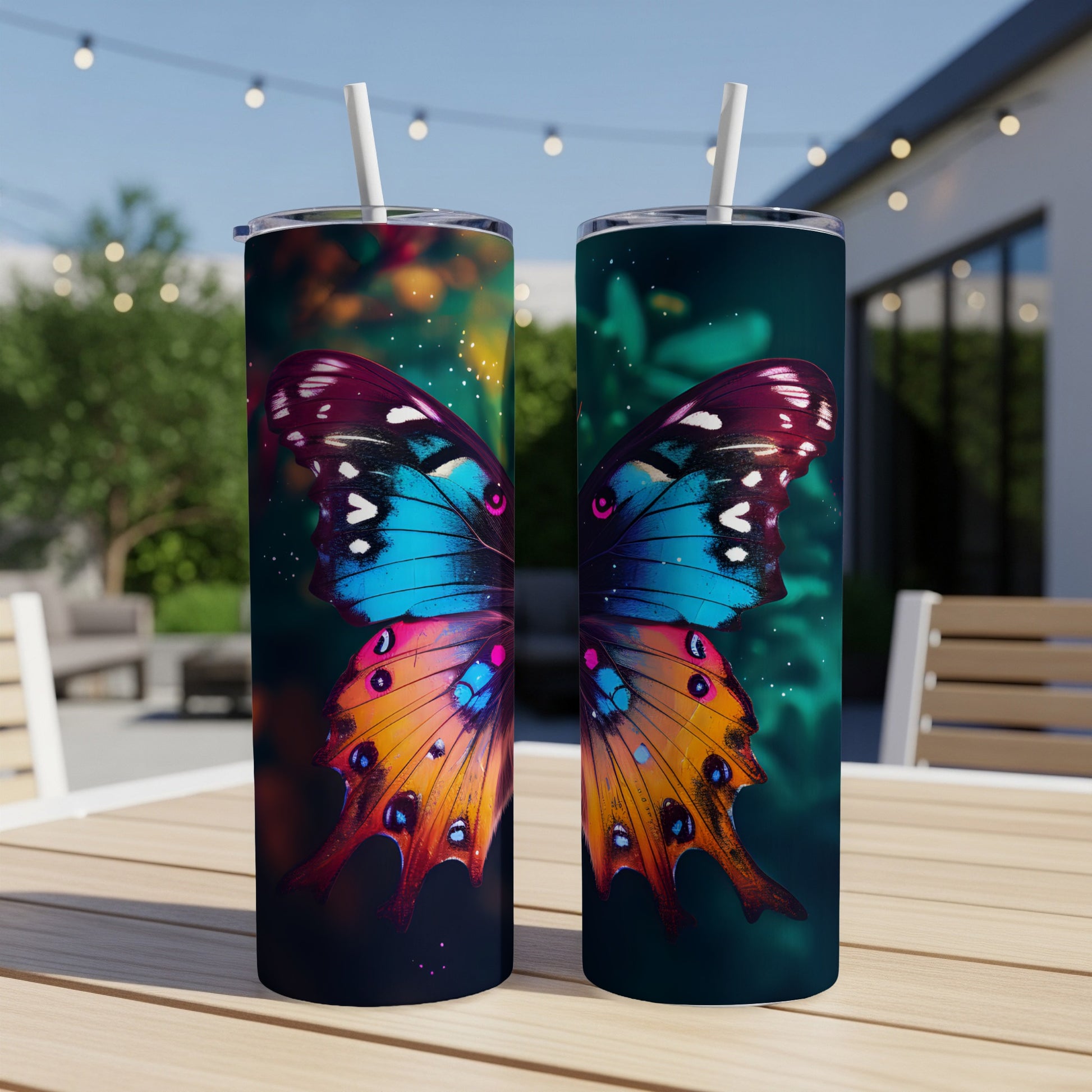 Two tumblers with vibrant, colorful butterfly wing designs.