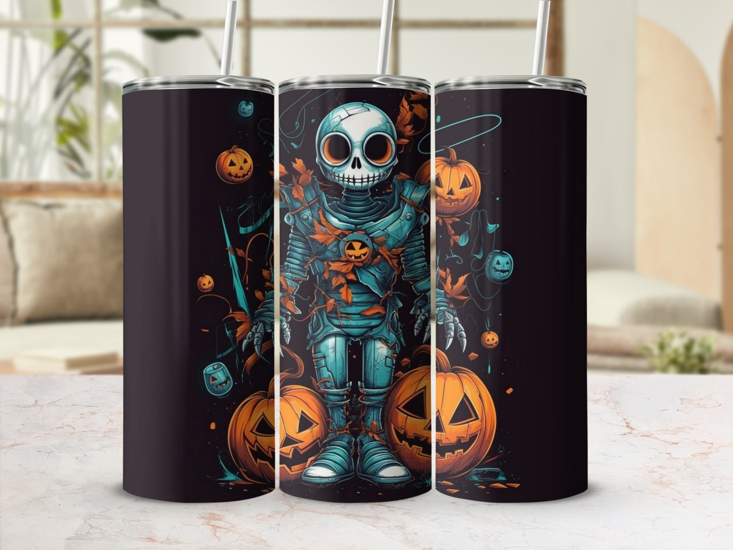 Robot with pumpkins and autumn leaves design on tumblers.