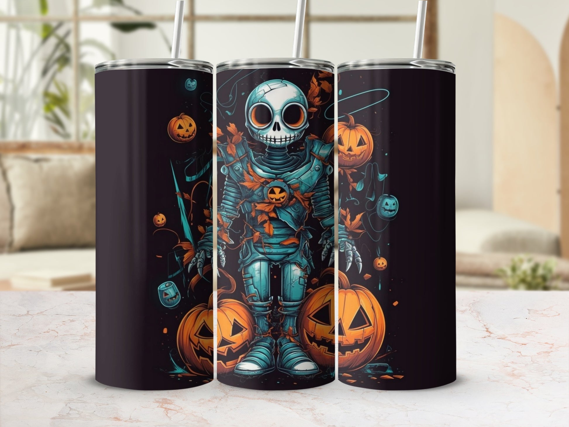Robot with pumpkins and autumn leaves design on tumblers.