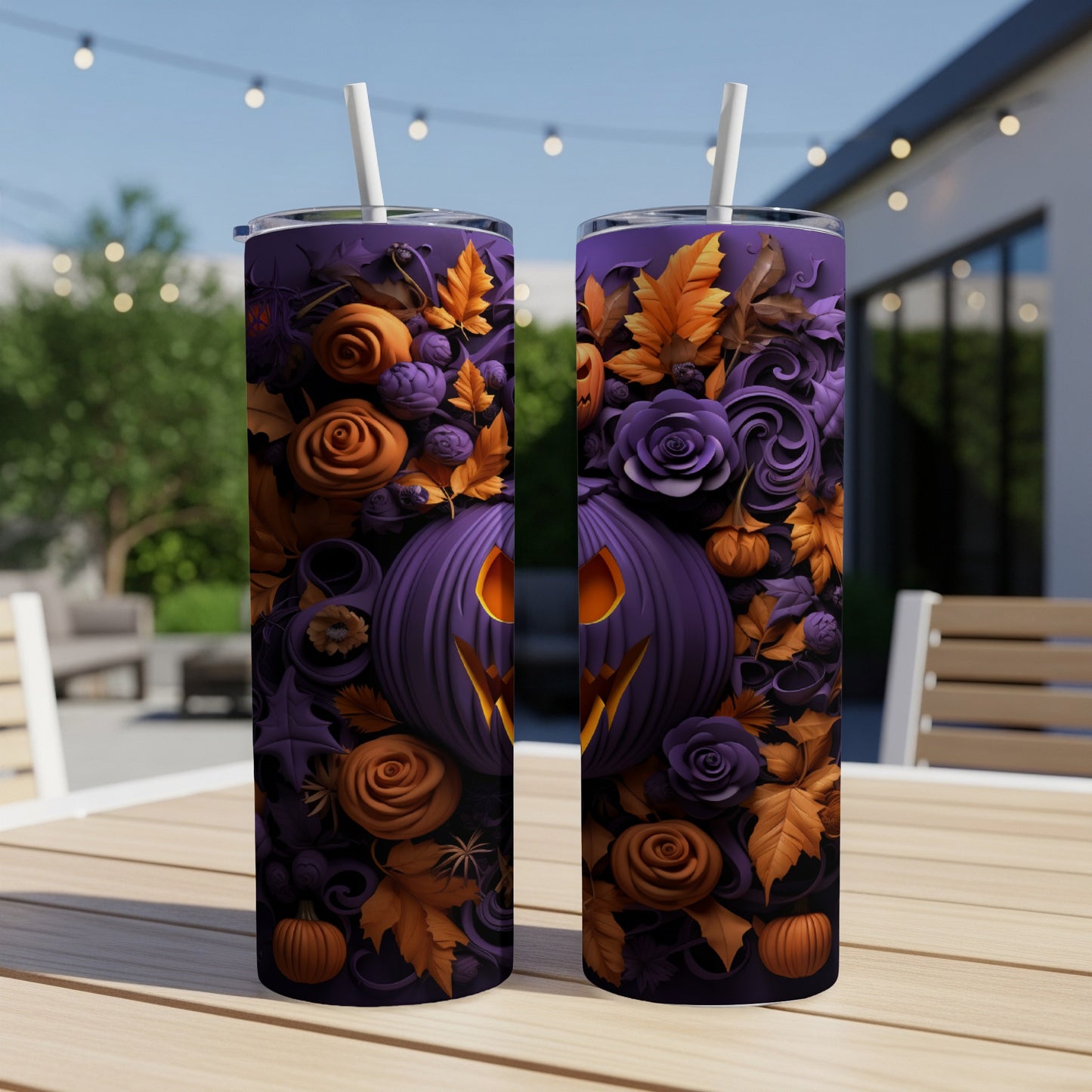 Two purple tumblers with a Halloween design featuring pumpkins, roses, and autumn leaves.