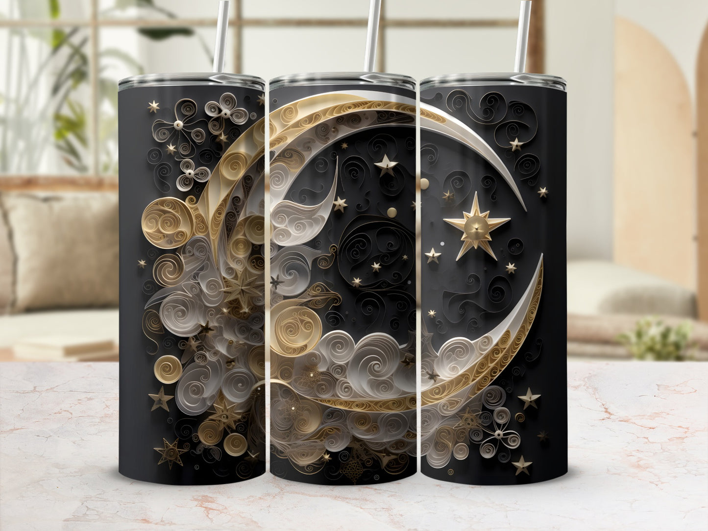 Black tumbler with gold crescent moon and star celestial design.