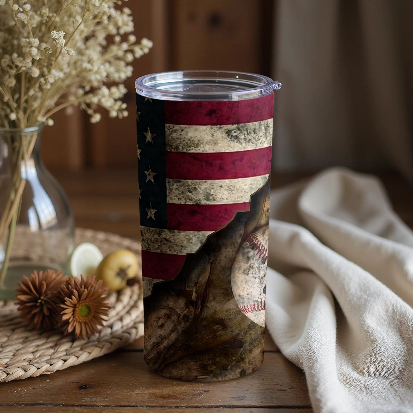 Patriotic American Flag Baseball Themed Tumbler