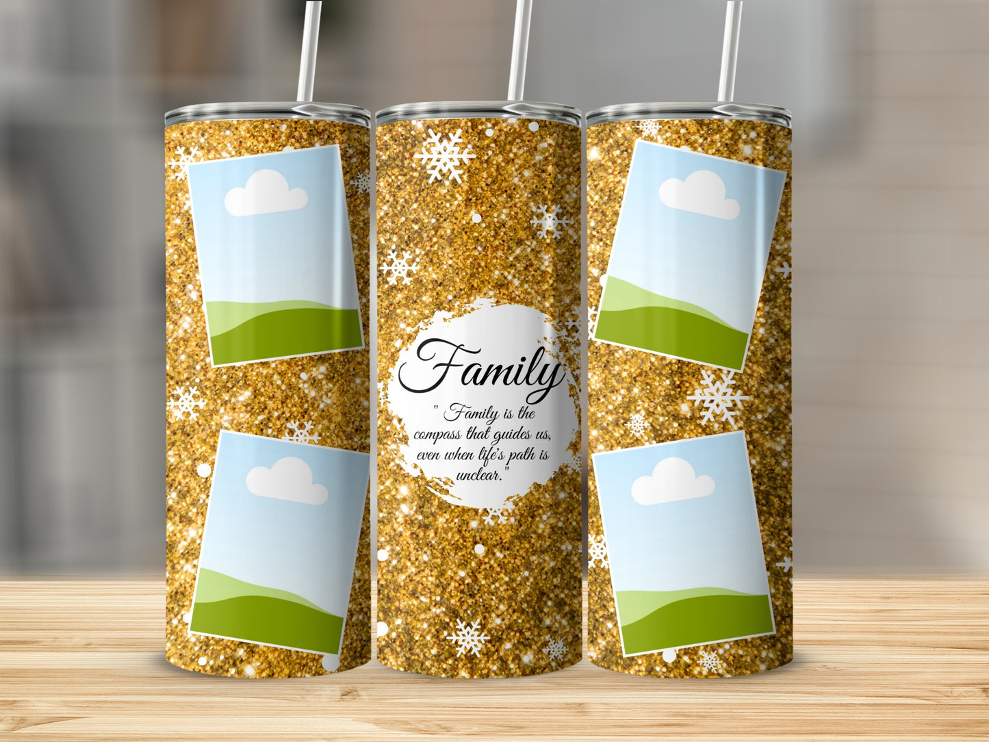 Gold glitter tumblers with snowflake accents and photo frames, featuring "Family" quote.