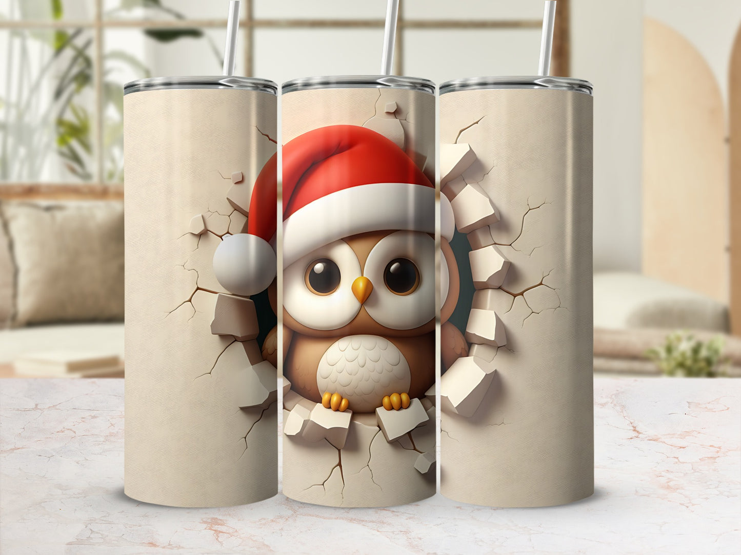 Christmas owl breaking through cracked surface on a beige tumbler.