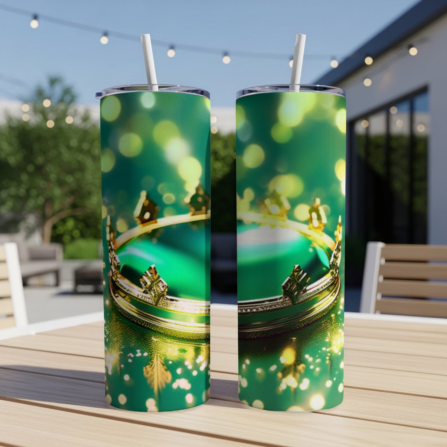 Two tall tumblers with a green, gold crown, and bokeh light design.
