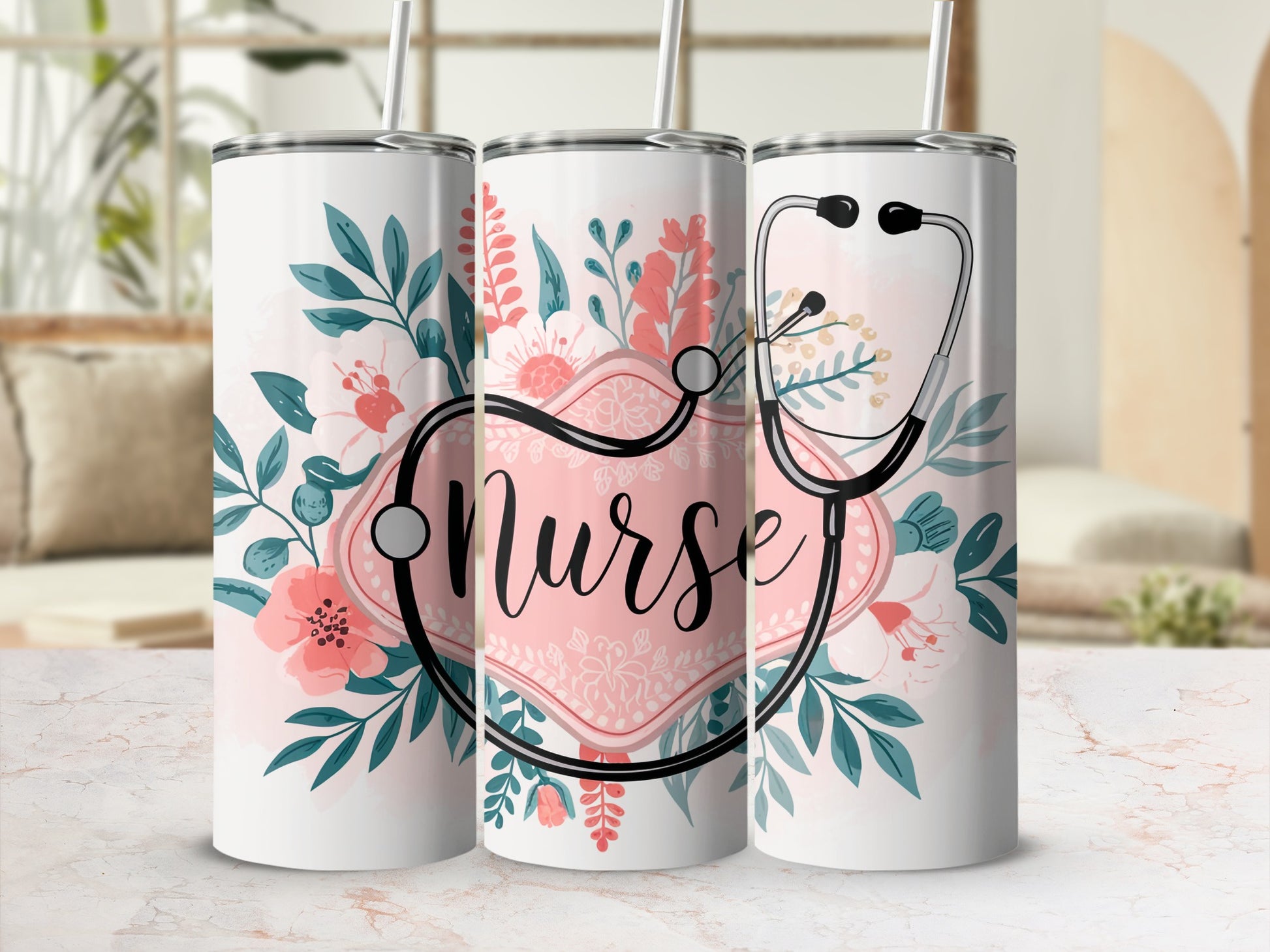 Floral stethoscope design on three white tumblers.