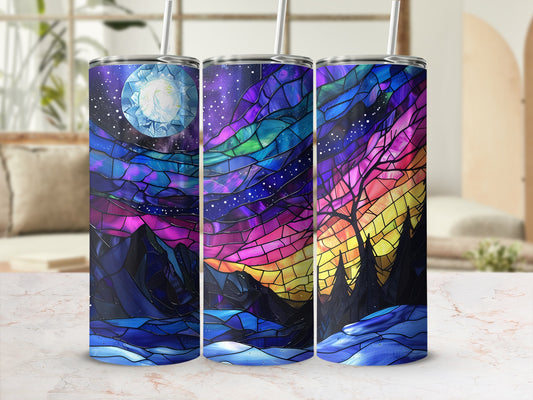Three tumblers with a stained glass-style night sky design.