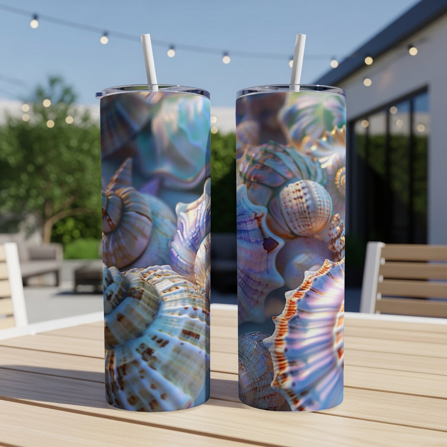 Two colorful seashells fill the surface of two identical tumblers on a wooden table.