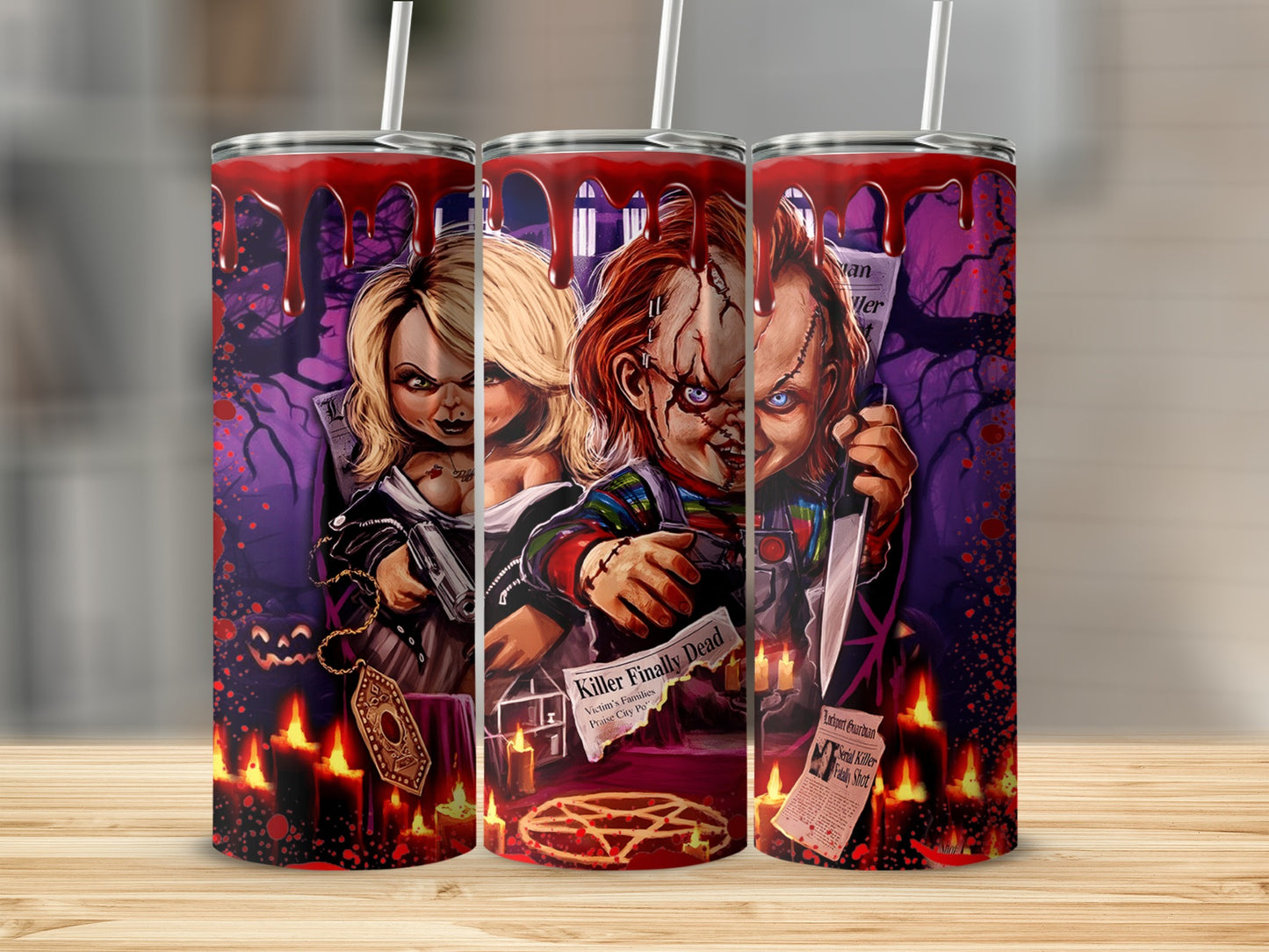 Chucky dolls with knives, surrounded by candles and newspapers, on a tumbler.