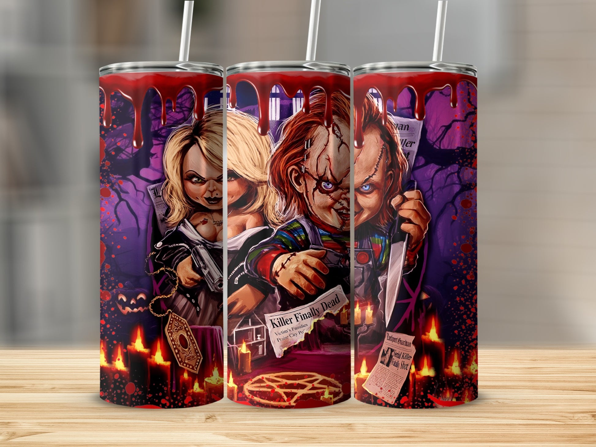 Chucky dolls with knives, surrounded by candles and newspapers, on a tumbler.