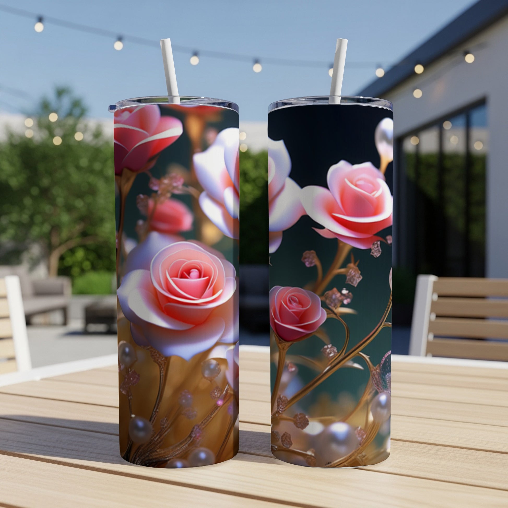 Two tall tumblers with pink roses and pearl accents on a patio table.