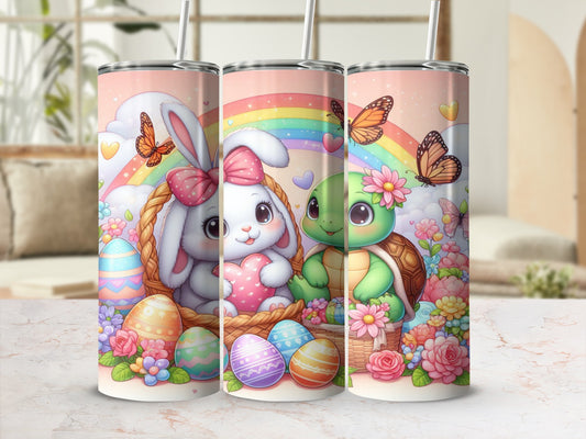 Easter bunny and turtle with eggs and flowers, rainbow background.