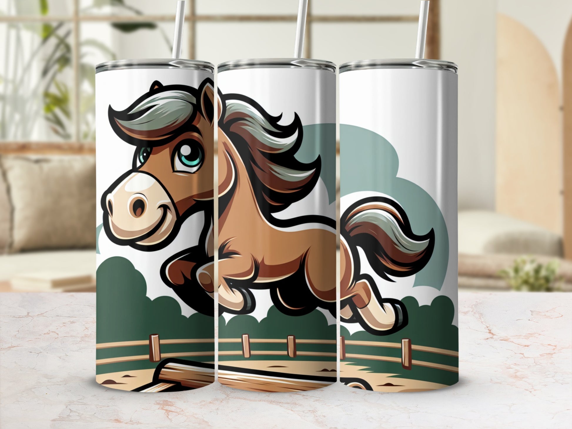 Brown cartoon horse jumping over a fence with straw-colored mane and tail.
