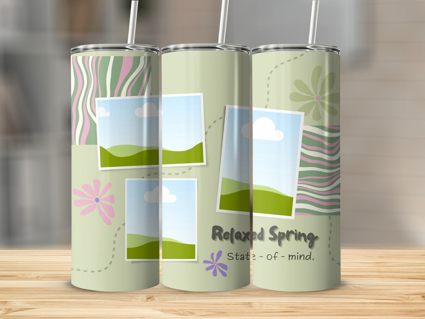 Three tumblers with abstract patterns, landscapes, and "Relaxed Spring State-of-mind" text.