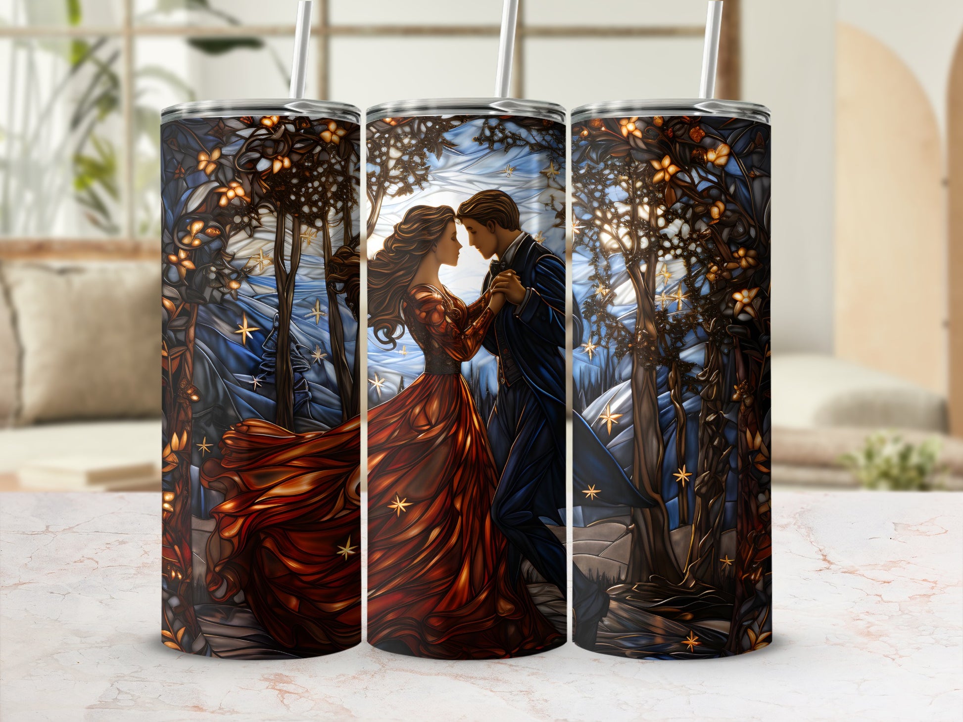 Couple dancing under starry forest in stained glass style tumbler.
